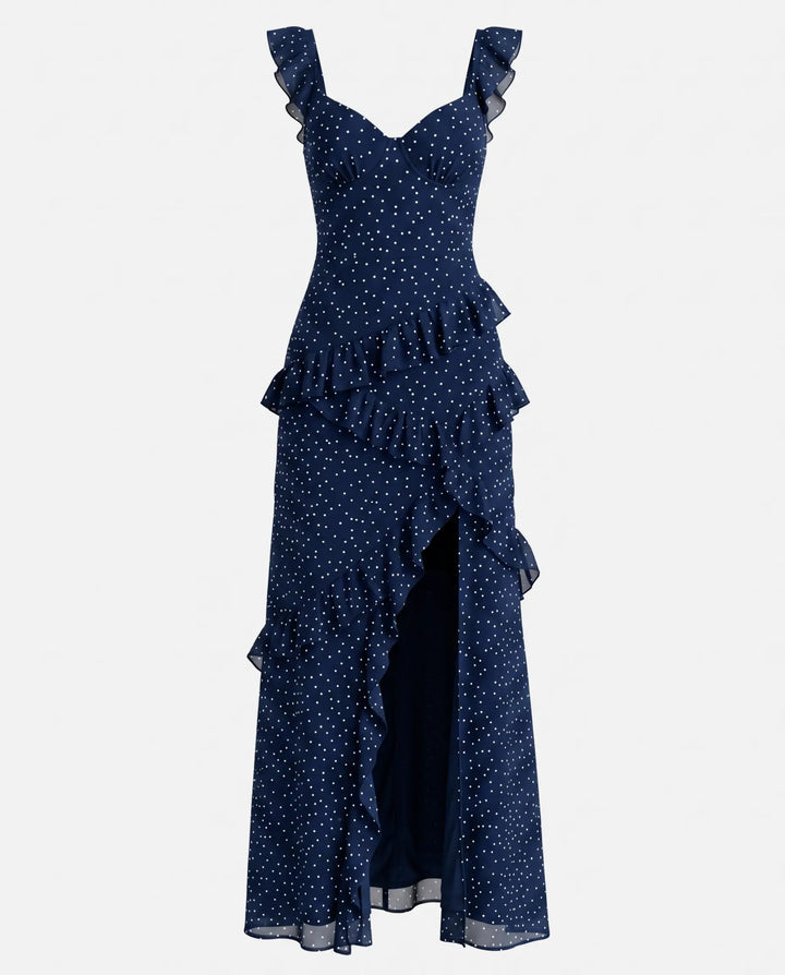 Blue Polka Dot Ruffle Strap High Slit Maxi Dress
