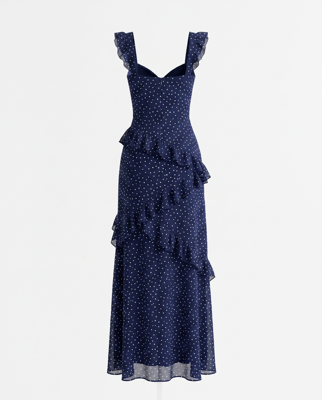 Blue Polka Dot Ruffle Strap High Slit Maxi Dress