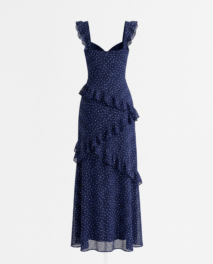 Blue Polka Dot Ruffle Strap High Slit Maxi Dress