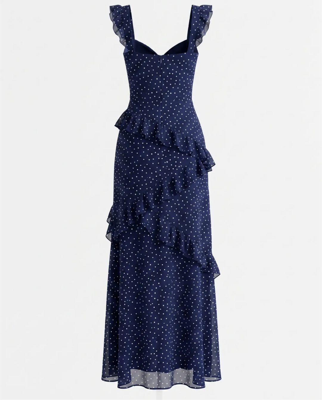 Blue Polka Dot Ruffle Strap High Slit Maxi Dress