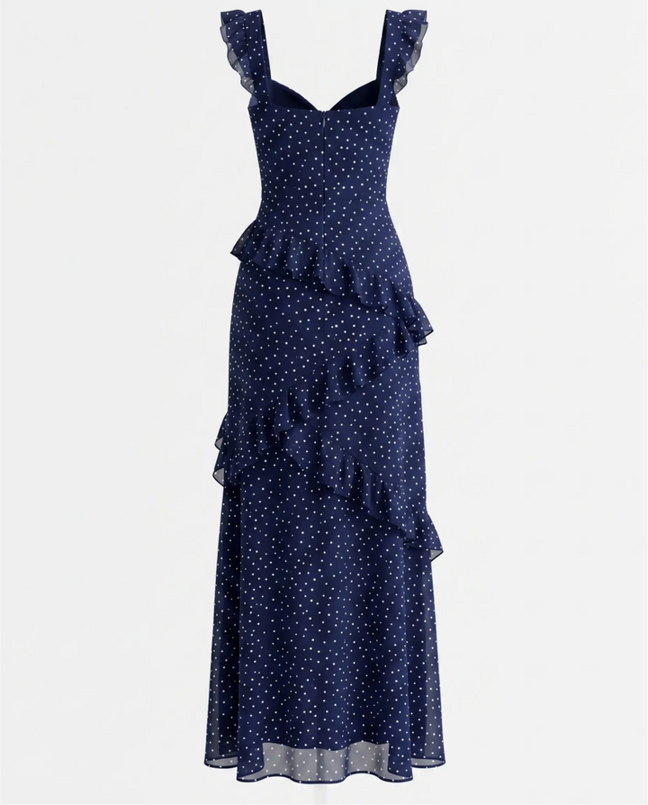 Blue Polka Dot Ruffle Strap High Slit Maxi Dress
