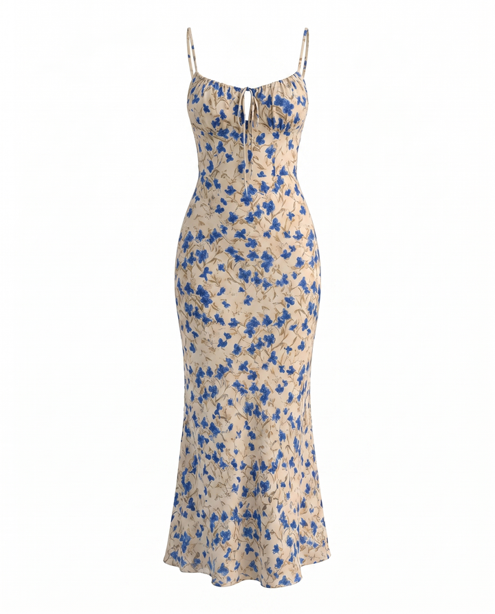 Beige Blue Floral Spaghetti Strap Tie Front Slim Fit Midi Dress