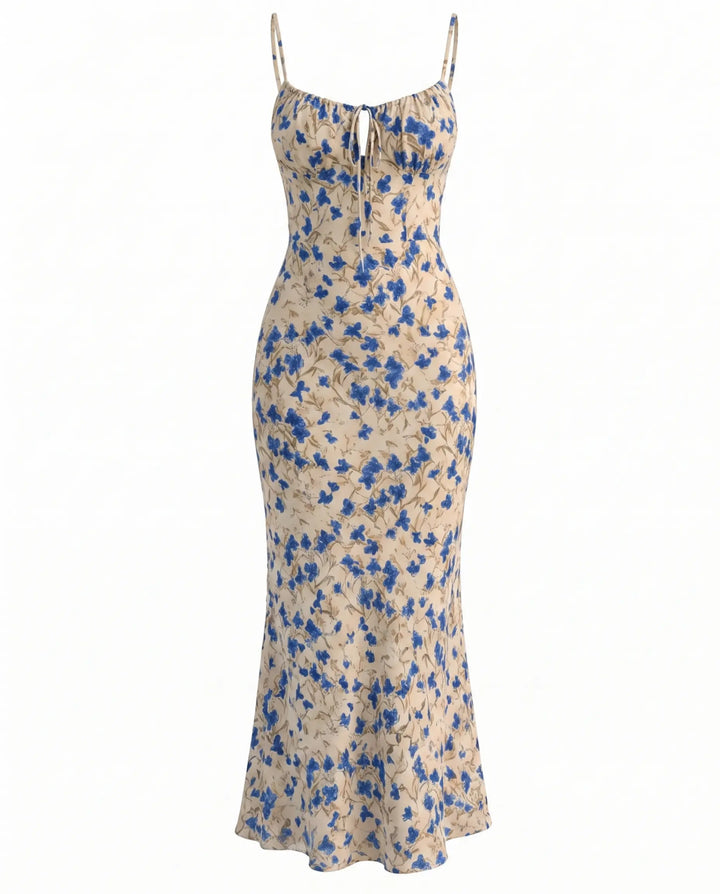 Beige Blue Floral Spaghetti Strap Tie Front Slim Fit Midi Dress