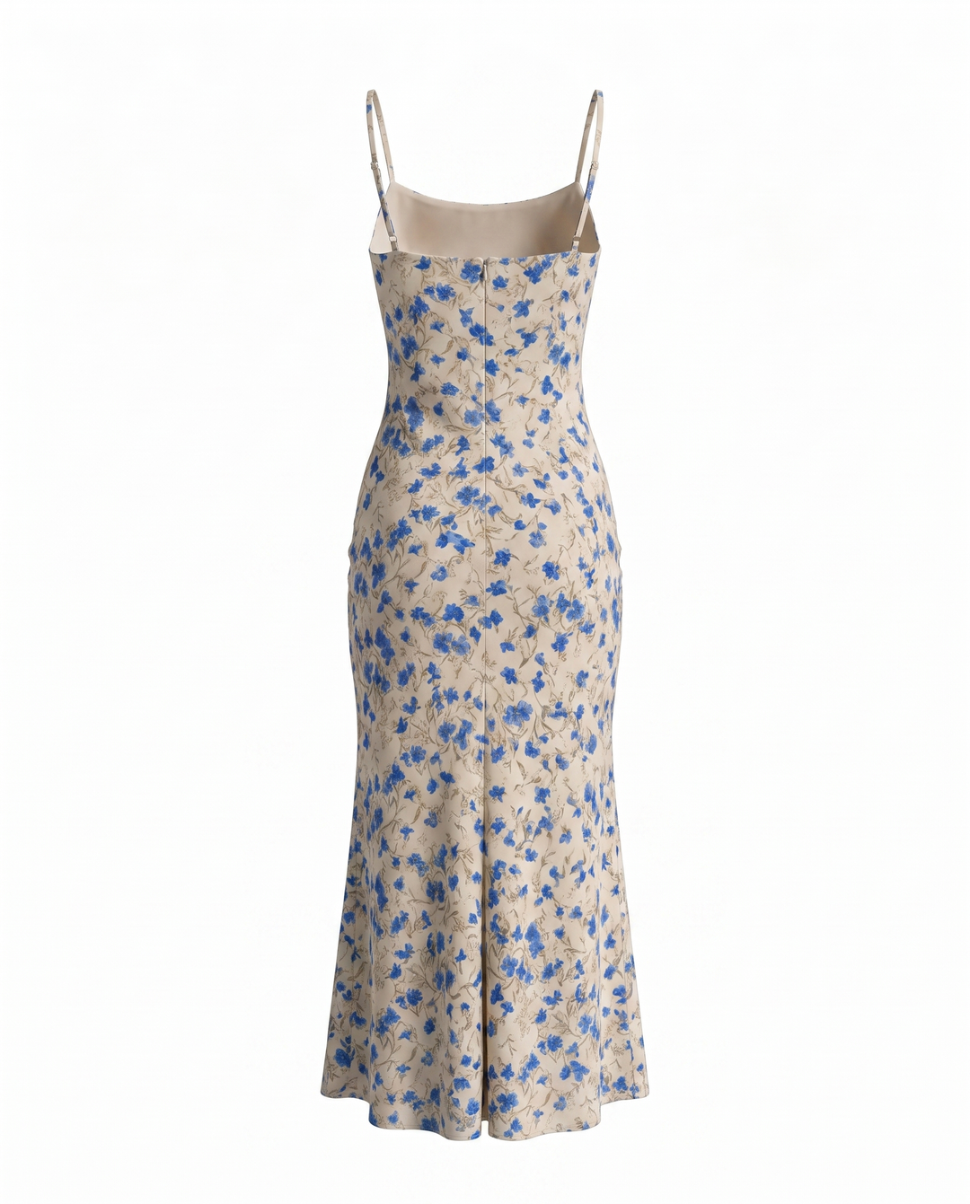 Beige Blue Floral Spaghetti Strap Tie Front Slim Fit Midi Dress