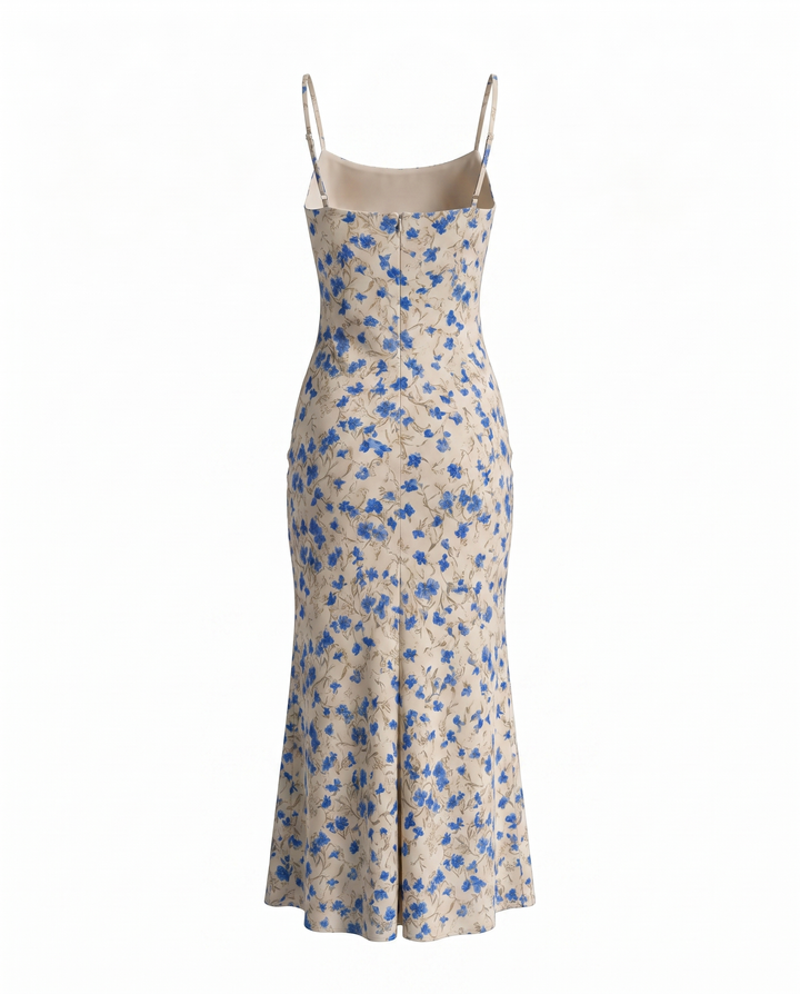 Beige Blue Floral Spaghetti Strap Tie Front Slim Fit Midi Dress