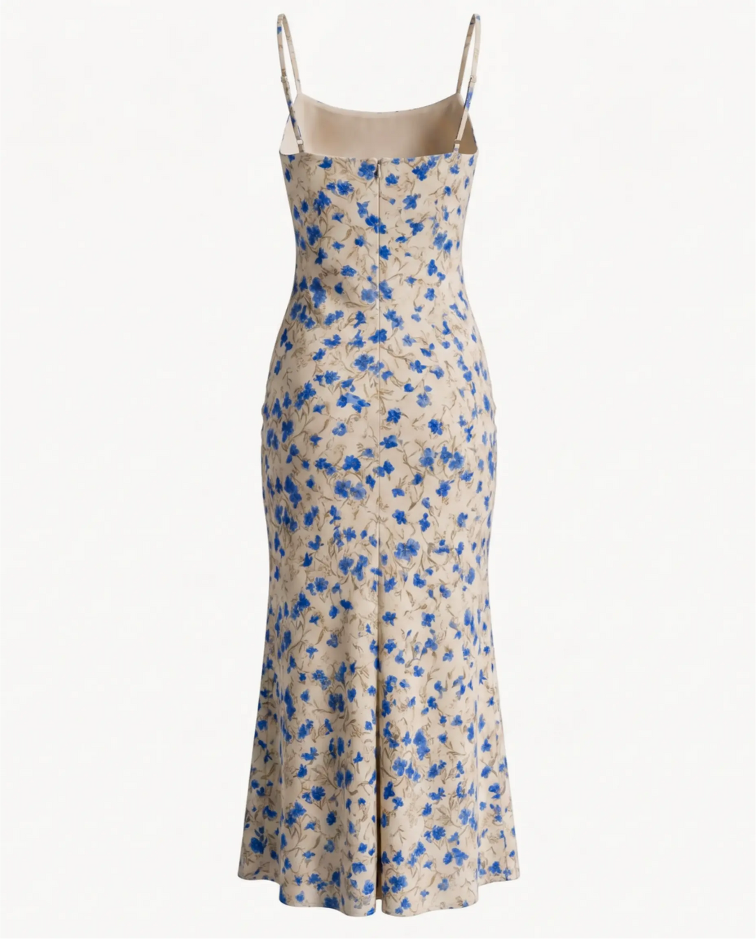Beige Blue Floral Spaghetti Strap Tie Front Slim Fit Midi Dress