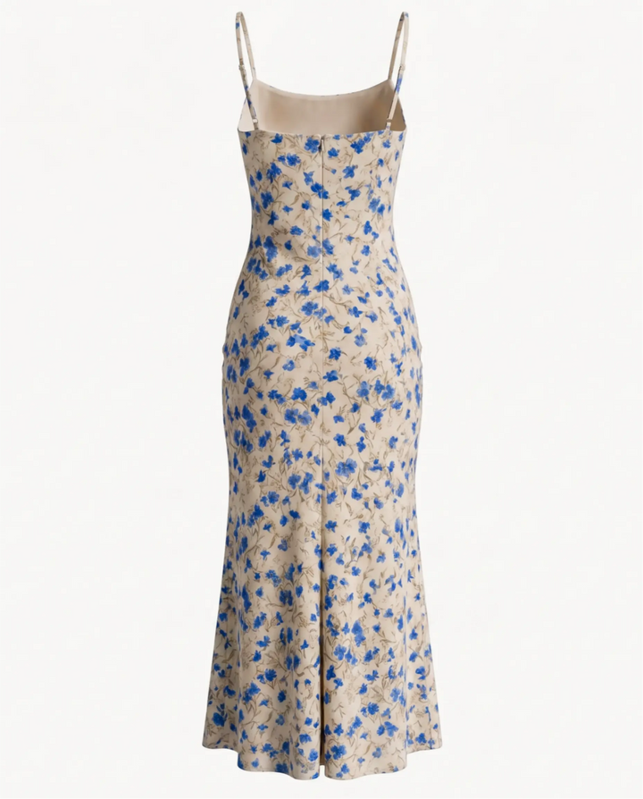 Beige Blue Floral Spaghetti Strap Tie Front Slim Fit Midi Dress