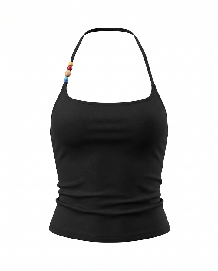 Black Ribbed Halter Neck Beaded Detail Crop Top