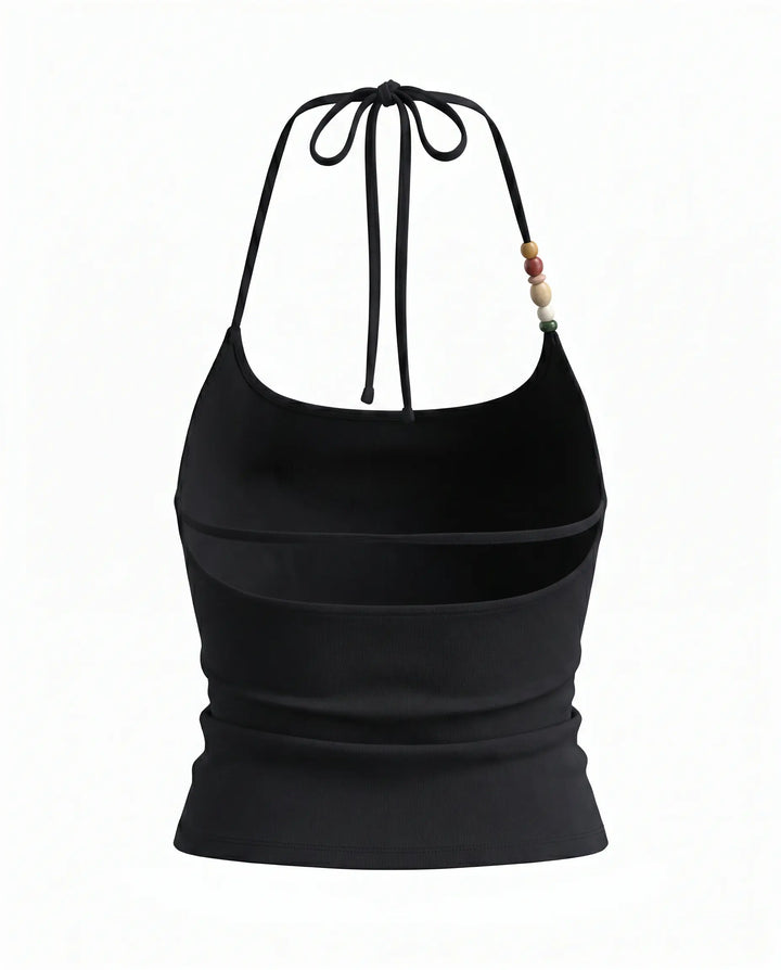 Black Ribbed Halter Neck Beaded Detail Crop Top