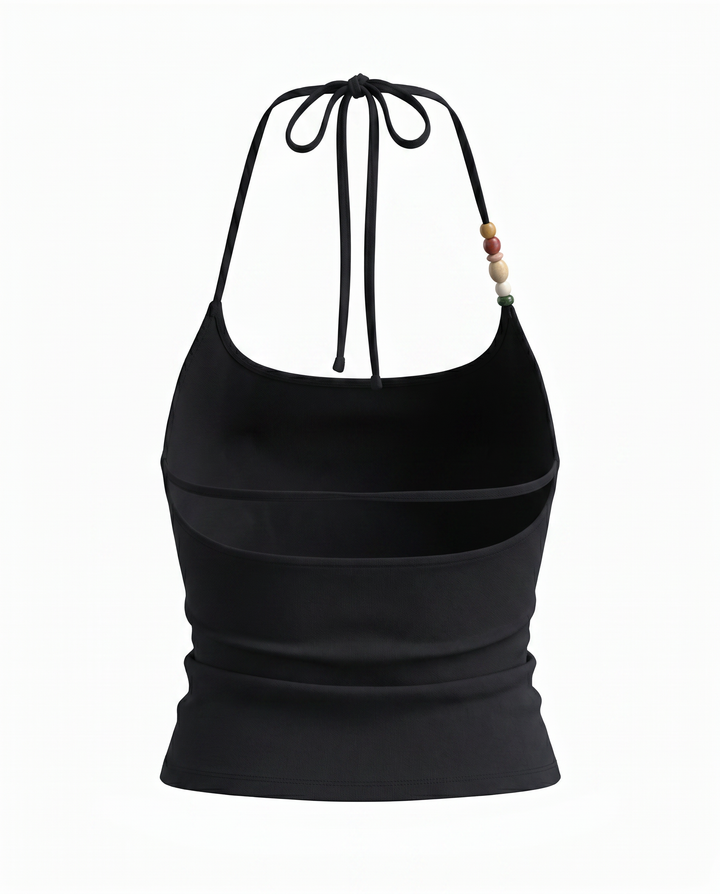 Black Ribbed Halter Neck Beaded Detail Crop Top