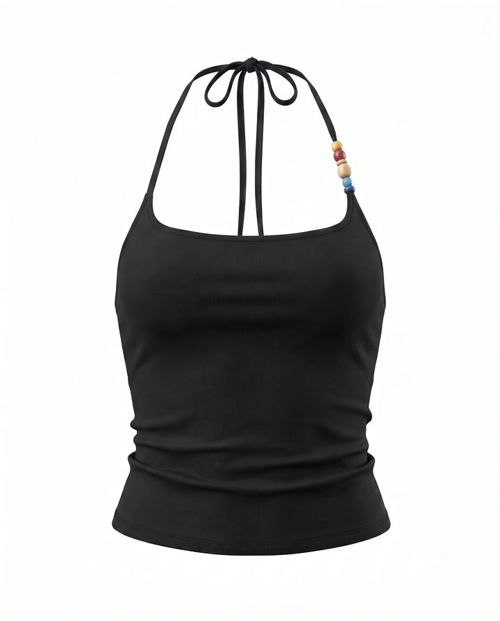 Black Ribbed Halter Neck Beaded Detail Crop Top
