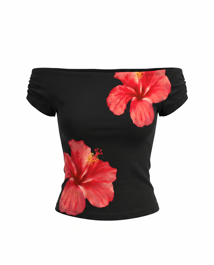 Black Hibiscus Print Off-Shoulder Short Sleeve T-Shirt