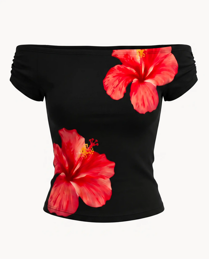 Black Hibiscus Print Off-Shoulder Short Sleeve T-Shirt
