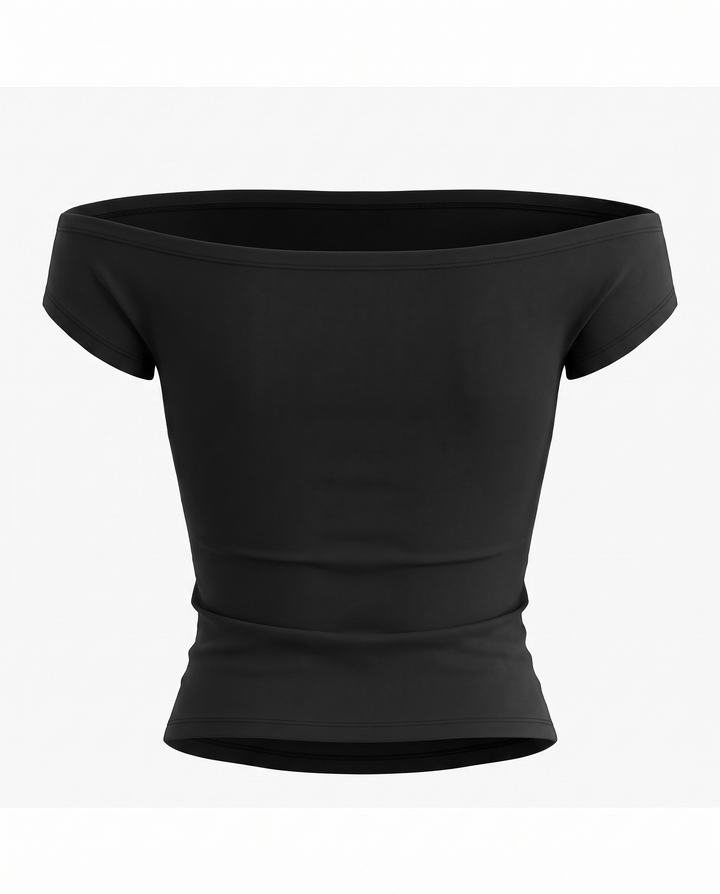 Black Hibiscus Print Off-Shoulder Short Sleeve T-Shirt