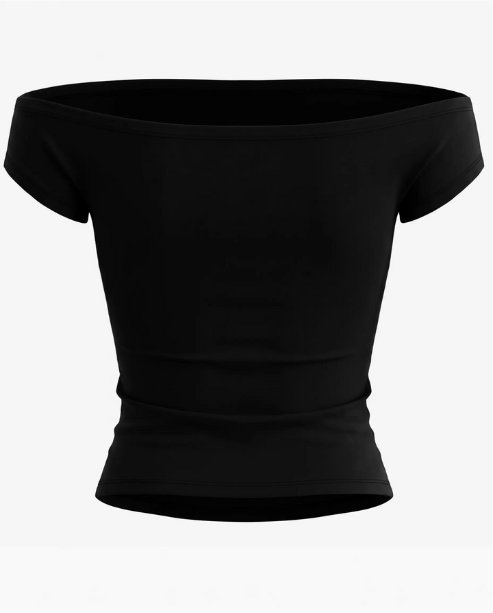 Black Hibiscus Print Off-Shoulder Short Sleeve T-Shirt
