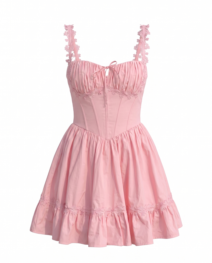 Pink Lace Trim Corset Style Mini Dress