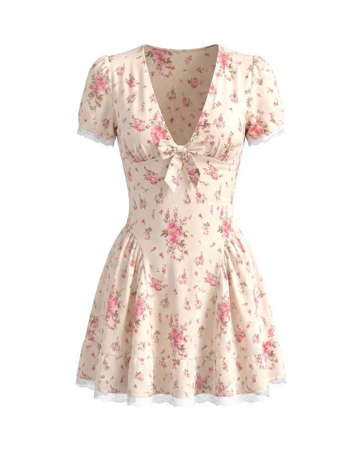 Beige Pink Floral Print Mini Dress