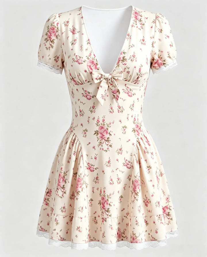 Beige Pink Floral Print Mini Dress