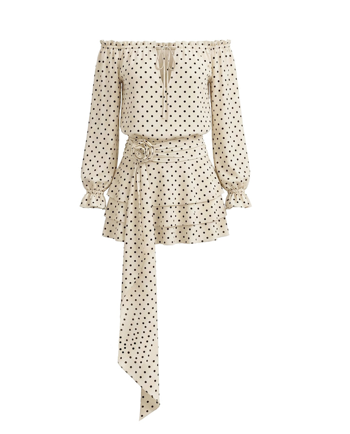 Beige Off Shoulder Chiffon Polka Dot Relaxed Fit Mini Dress