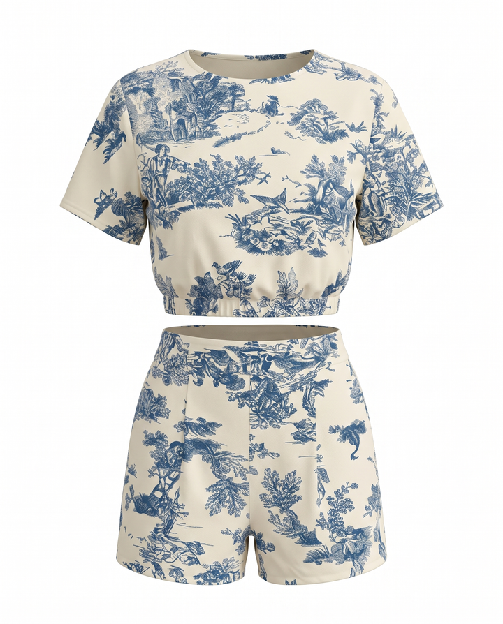 Blue Short Sleeve Crop Top And High Waist Shorts Two Piece Set
