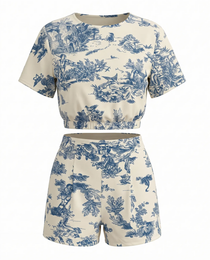 Blue Short Sleeve Crop Top And High Waist Shorts Two Piece Set