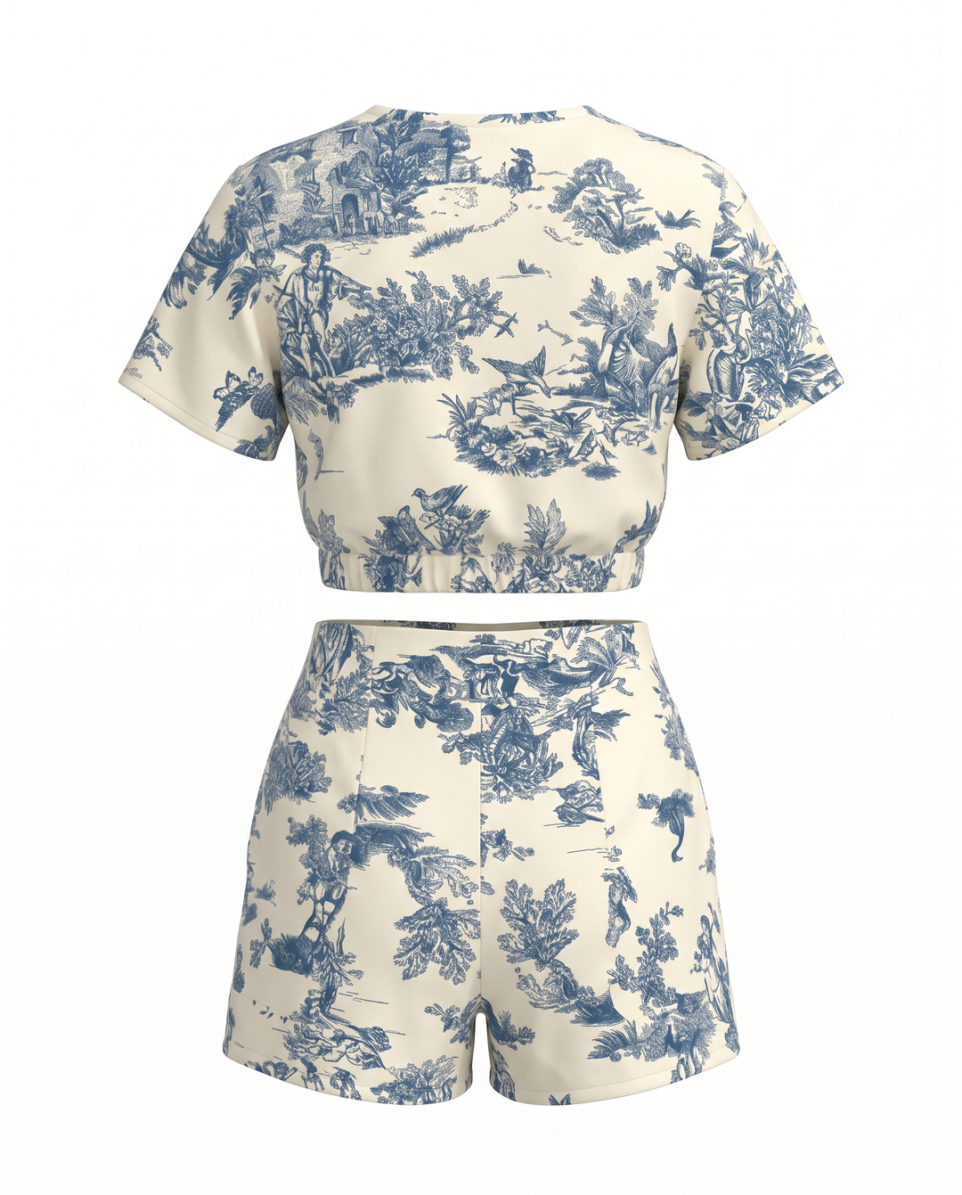 Blue Short Sleeve Crop Top And High Waist Shorts Two Piece Set