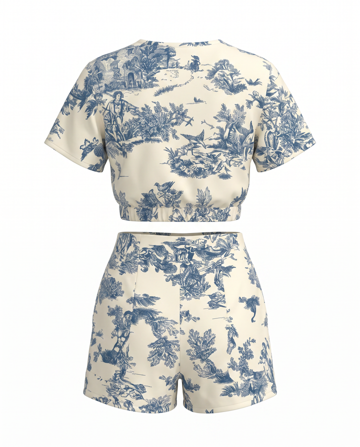 Blue Short Sleeve Crop Top And High Waist Shorts Two Piece Set
