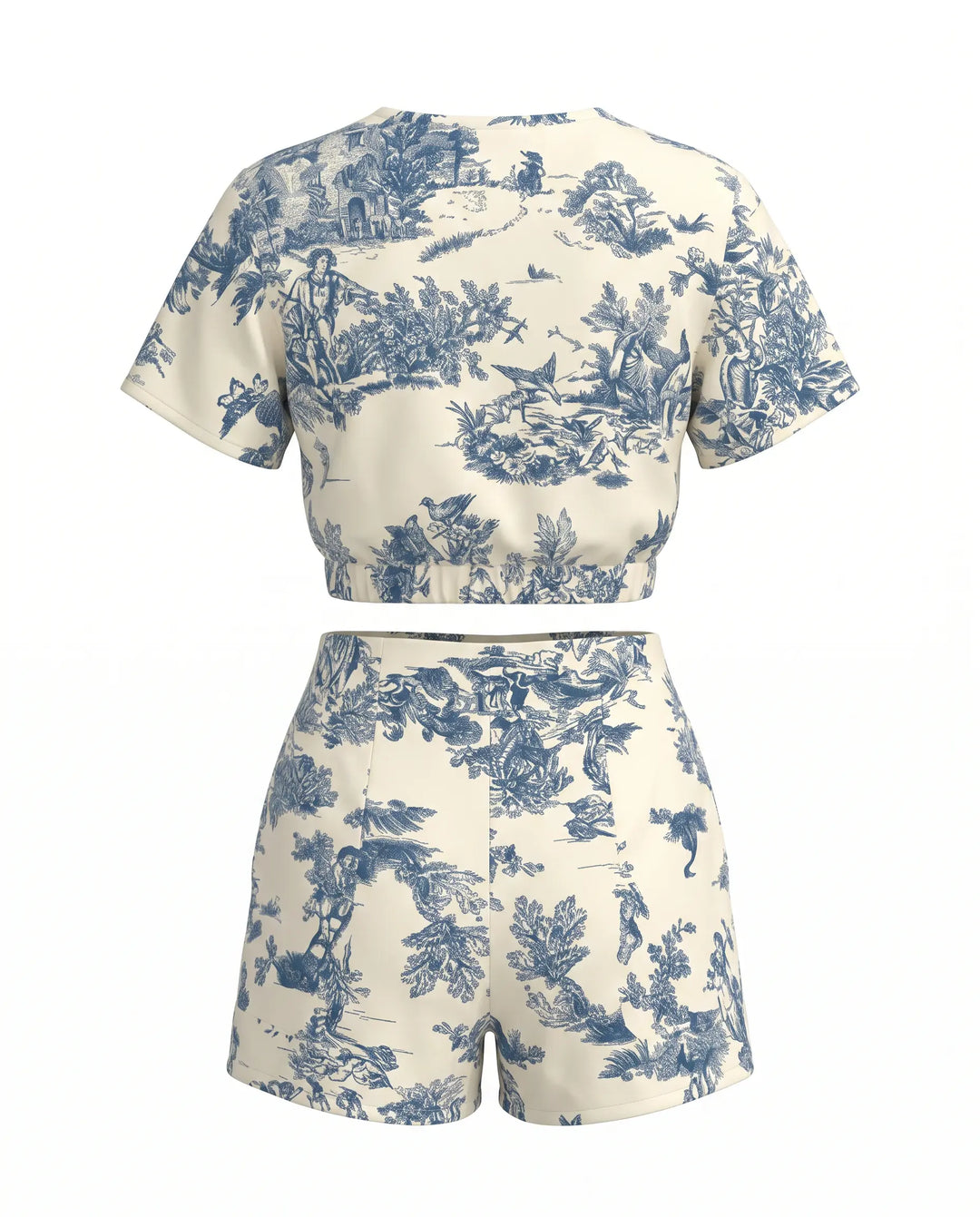 Blue Short Sleeve Crop Top And High Waist Shorts Two Piece Set