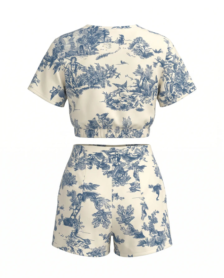 Blue Short Sleeve Crop Top And High Waist Shorts Two Piece Set