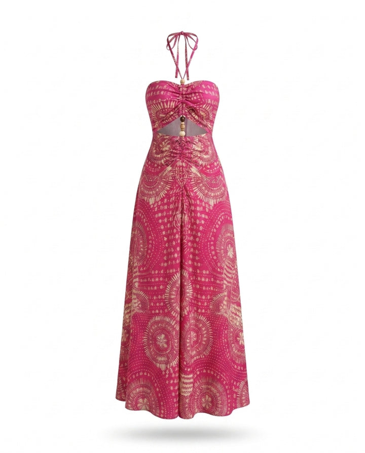 Pink Geometric Print Halter Neck Cutout Maxi Dress
