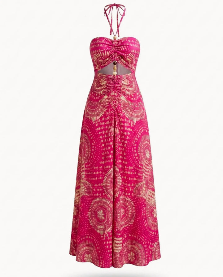 Pink Geometric Print Halter Neck Cutout Maxi Dress