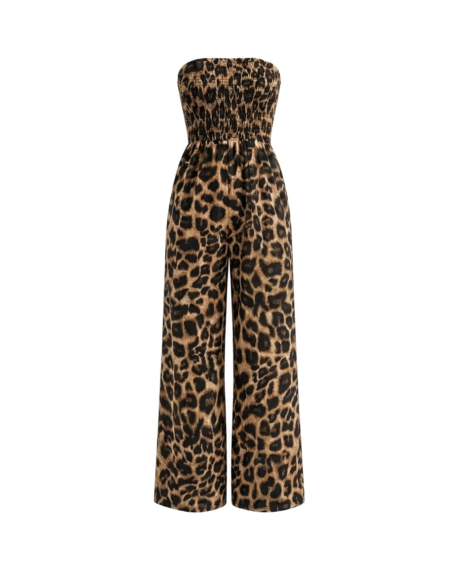 Leopard Print Strapless Wide Leg Jumpsuit
