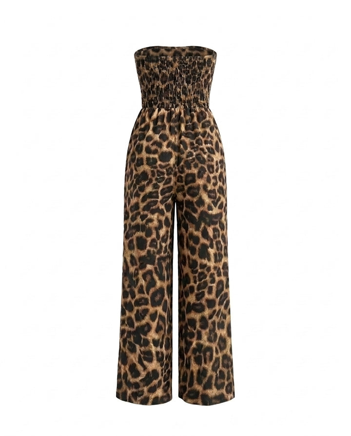 Leopard Print Strapless Wide Leg Jumpsuit