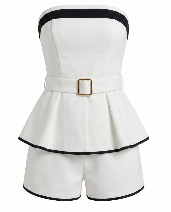 White Trim Strapless Belted Peplum Two-Piece Short Set