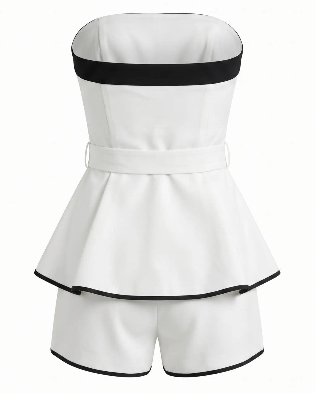 White Trim Strapless Belted Peplum Two-Piece Short Set