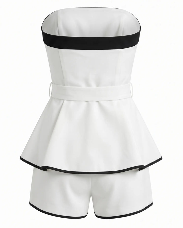 White Trim Strapless Belted Peplum Two-Piece Short Set