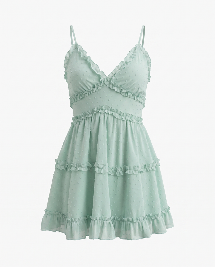 Mint Green Swiss Dot Spaghetti Strap Tiered Ruffle Mini Dress