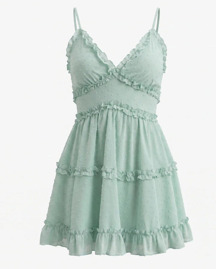 Mint Green Swiss Dot Spaghetti Strap Tiered Ruffle Mini Dress