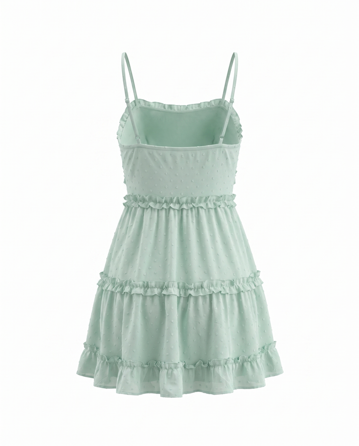 Mint Green Swiss Dot Spaghetti Strap Tiered Ruffle Mini Dress