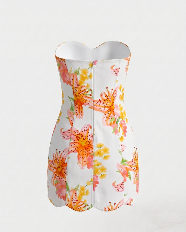 White Floral Print Strapless Sweetheart Neck Scallop Hem Mini Dress