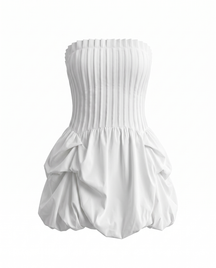 White Strapless Pleated Bodice Bubble Hem Mini Dress