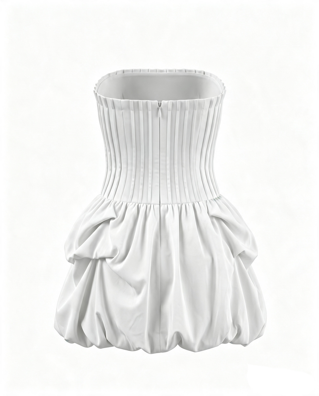 White Strapless Pleated Bodice Bubble Hem Mini Dress