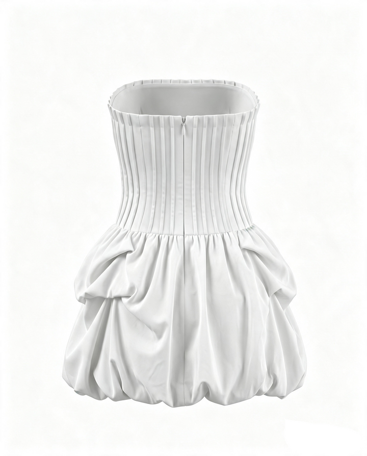 White Strapless Pleated Bodice Bubble Hem Mini Dress