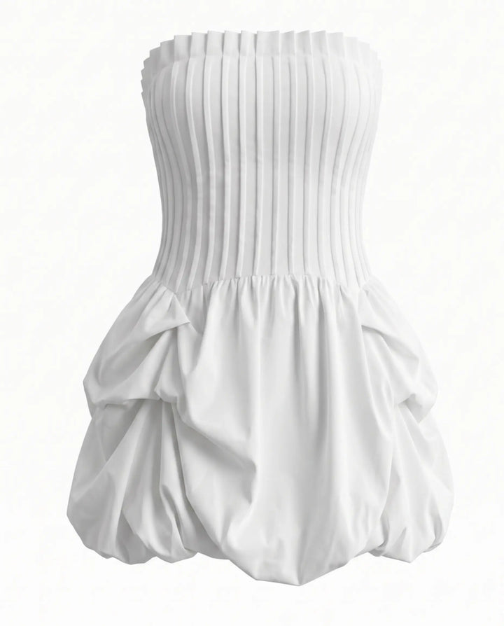 White Strapless Pleated Bodice Bubble Hem Mini Dress