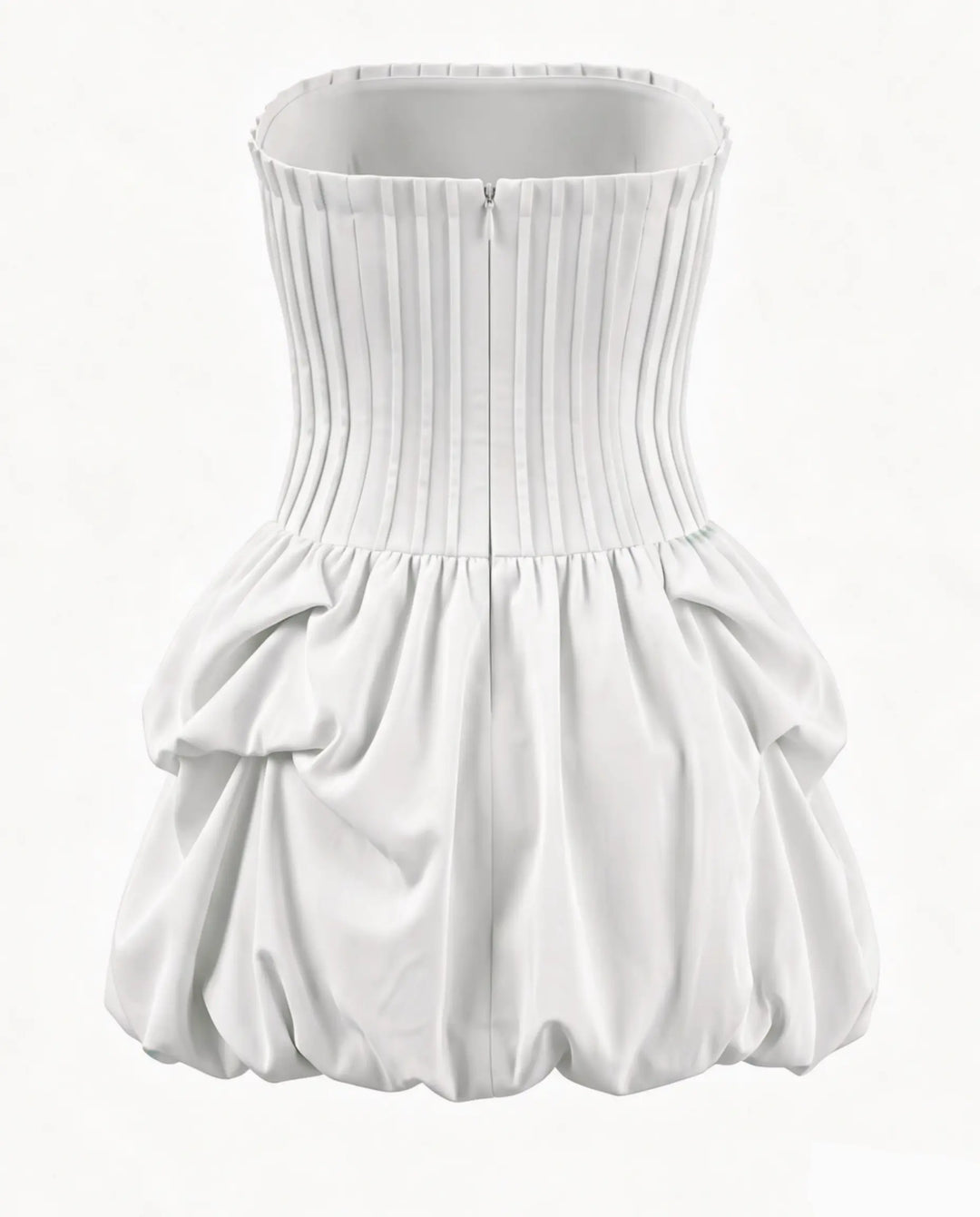 White Strapless Pleated Bodice Bubble Hem Mini Dress