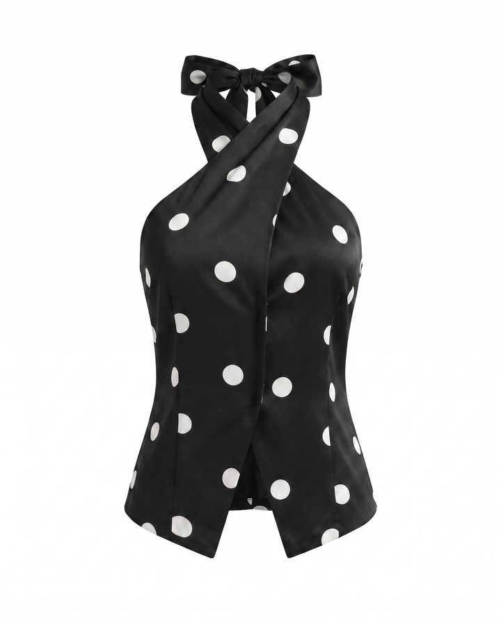 Black Polka Dot Halter Neck Sleeveless Blouse