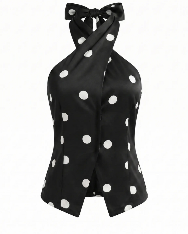 Black Polka Dot Halter Neck Sleeveless Blouse