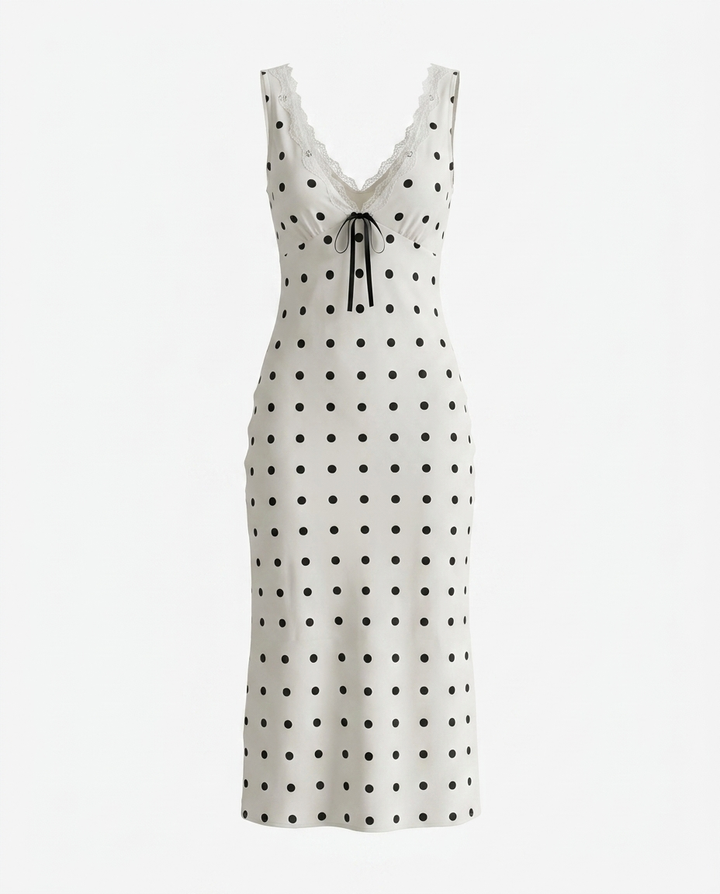 White Polka Dot Lace Trim Midi Dress