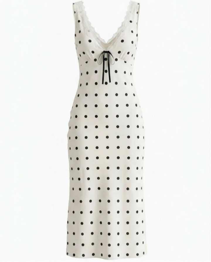 White Polka Dot Lace Trim Midi Dress