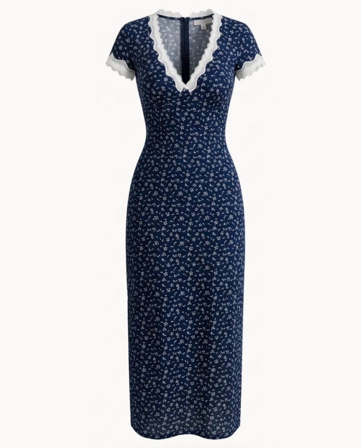 Navy Blue Floral Lace Trim Midi Dress
